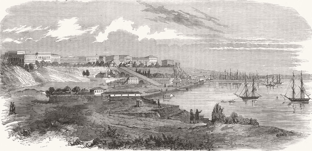 UKRAINE. Odessa-the harbour and boulevard 1853 old antique print picture
